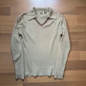 Vintage 70's Levi's Brown Tan Collared V-Neck Pullover Knit Sweater Sz Large VTG
